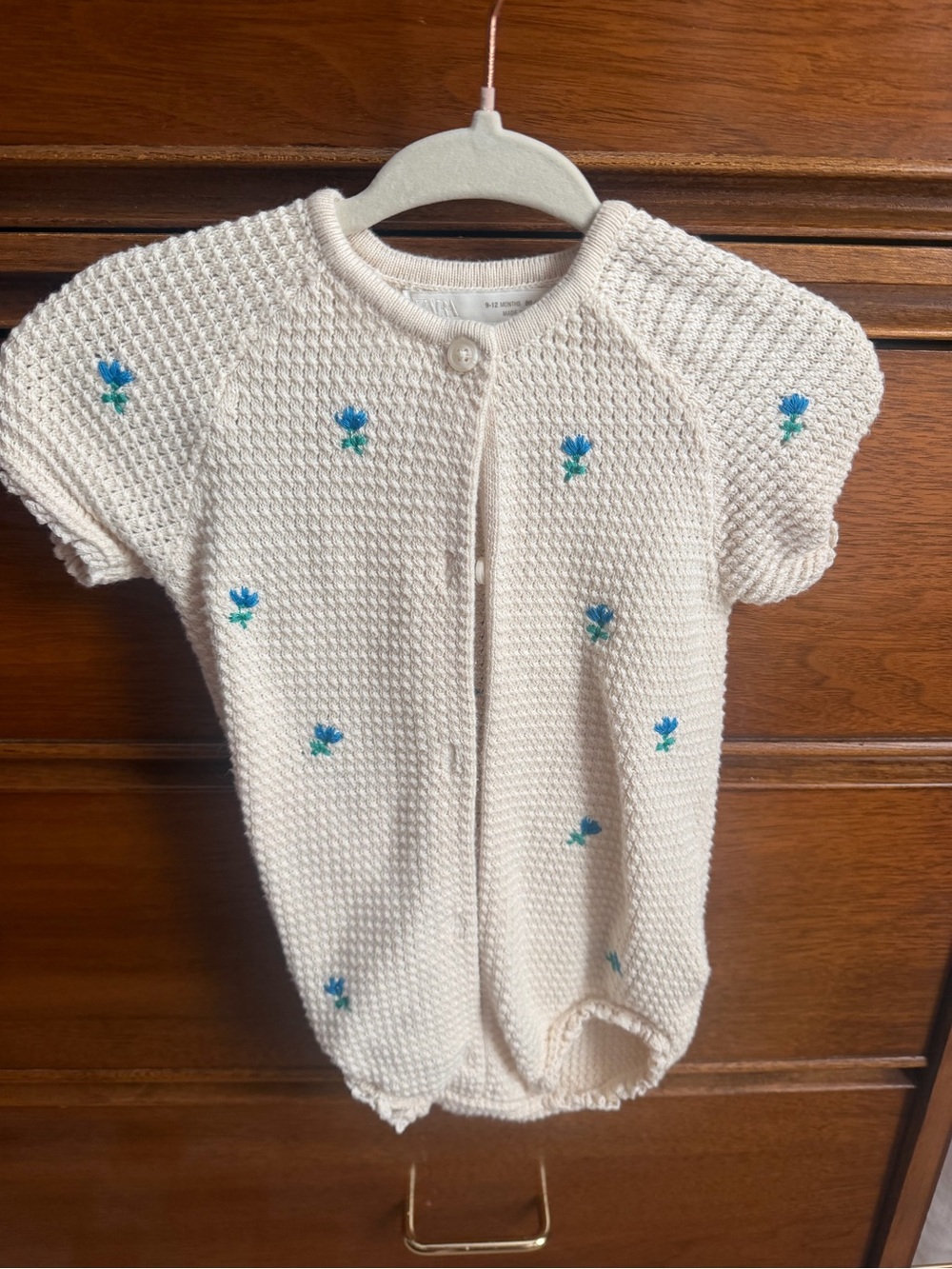 Zara Cream Knit Baby Romper with Blue Floral Embroidery